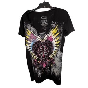 Archaic Club size large black deep v- neck with metallic detail runs large